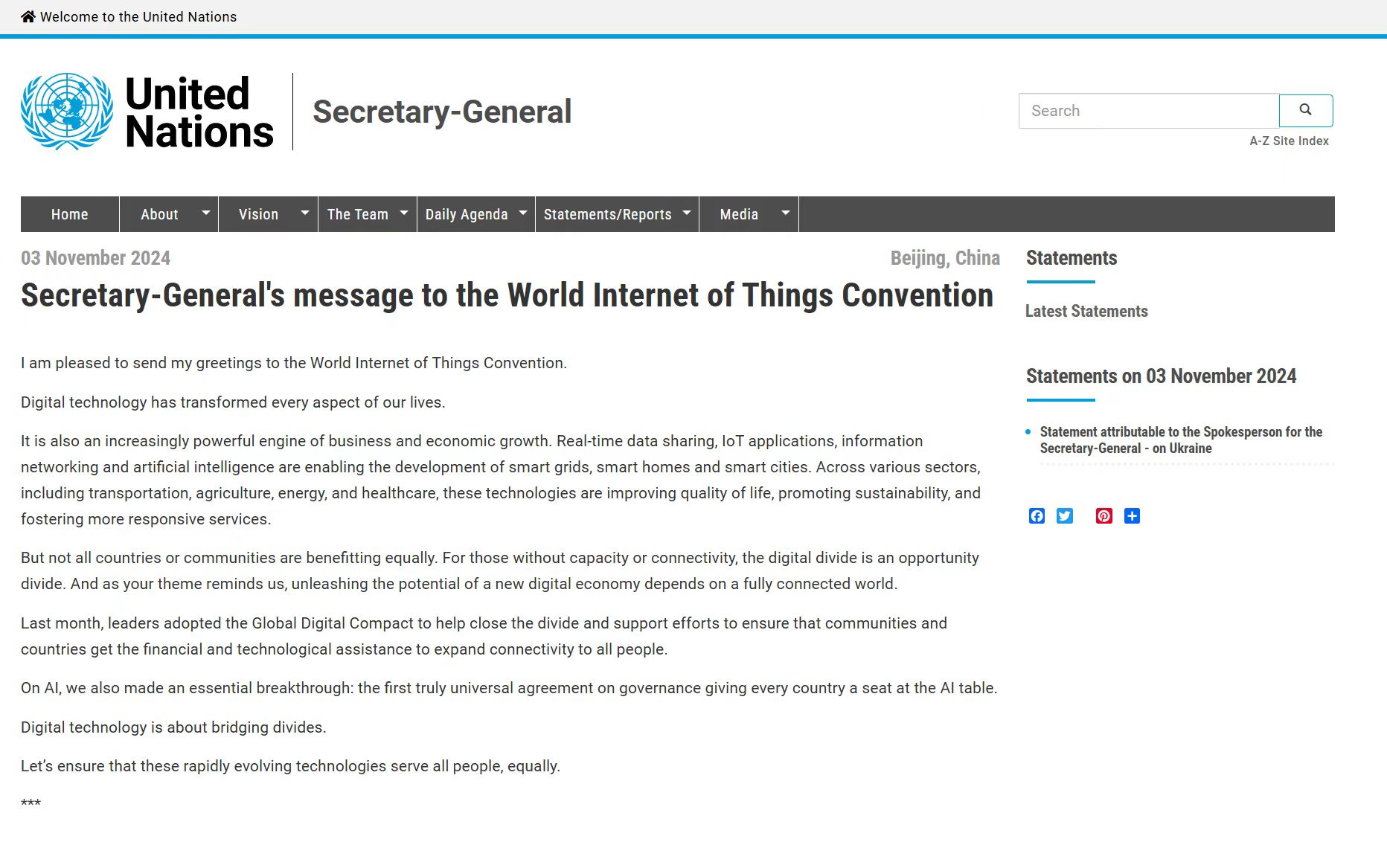The Official Website of the United Nations Releases UN Secretary-General António Guterres’s Speech to the World Internet of Things Convention 2024
